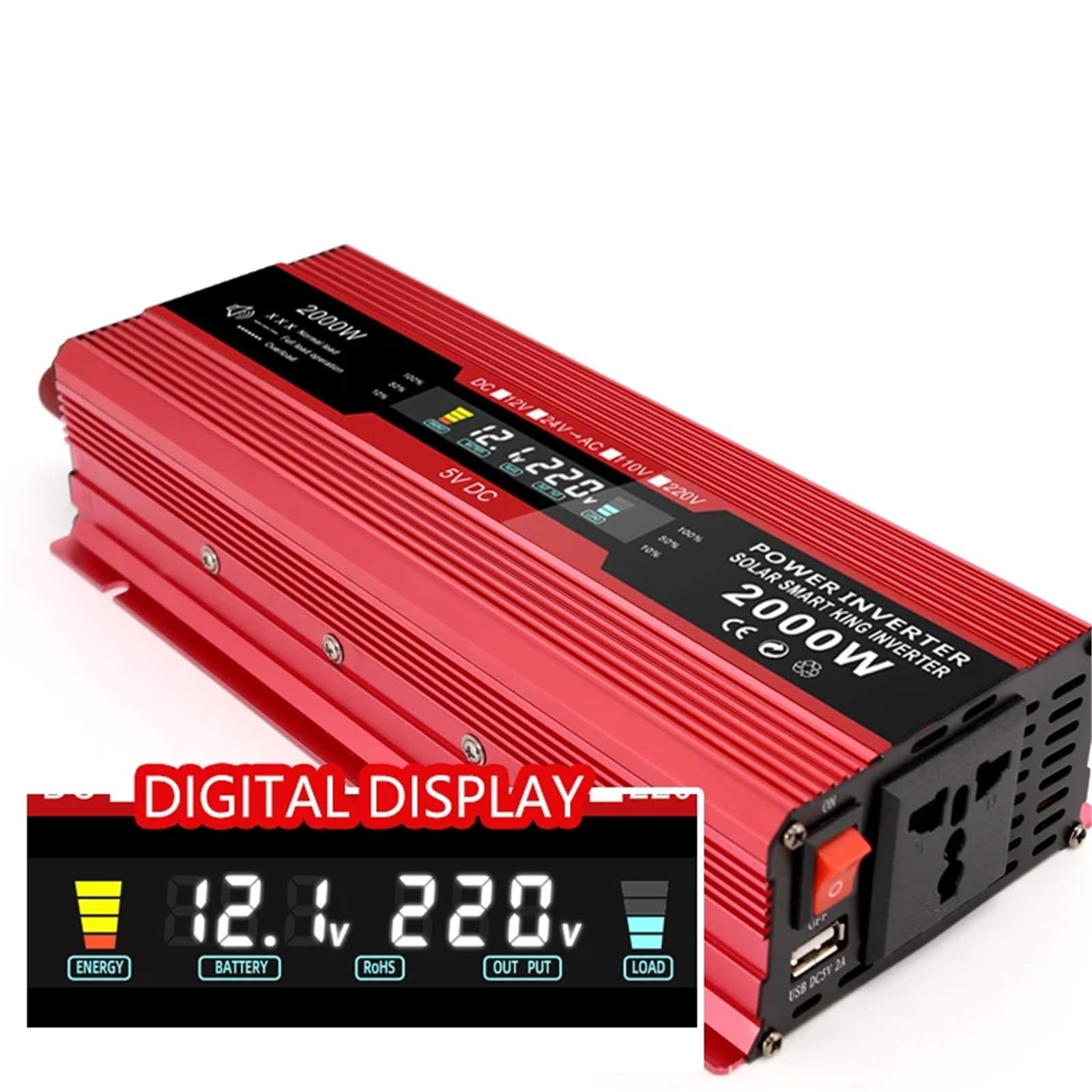 Inversor de Corriente for Coche, 2000W, Pico DC12V/24V a 220V, Enchufe Europeo, Pantalla LED de 50HZ, Onda sinusoidal modificada con enchufes de CA USB 2.1A(12V 220V EU)