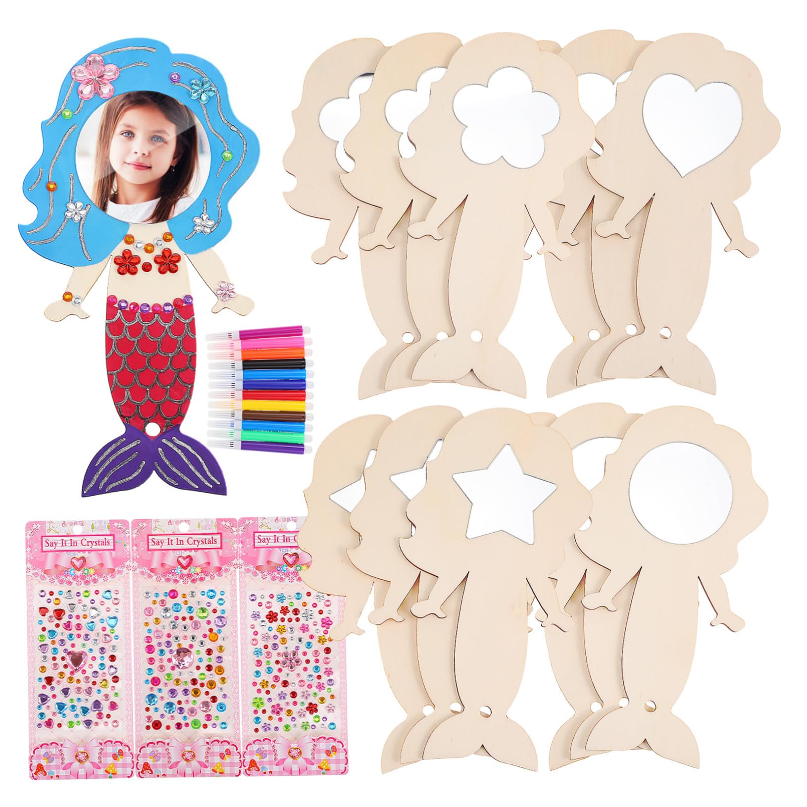 HANABASS 1 Set Mermaid Handheld Mirror DIY Kit Craft Mirrors with Color Pens Gems Fun Party Favors for Mermaid Themed Activities and Decor