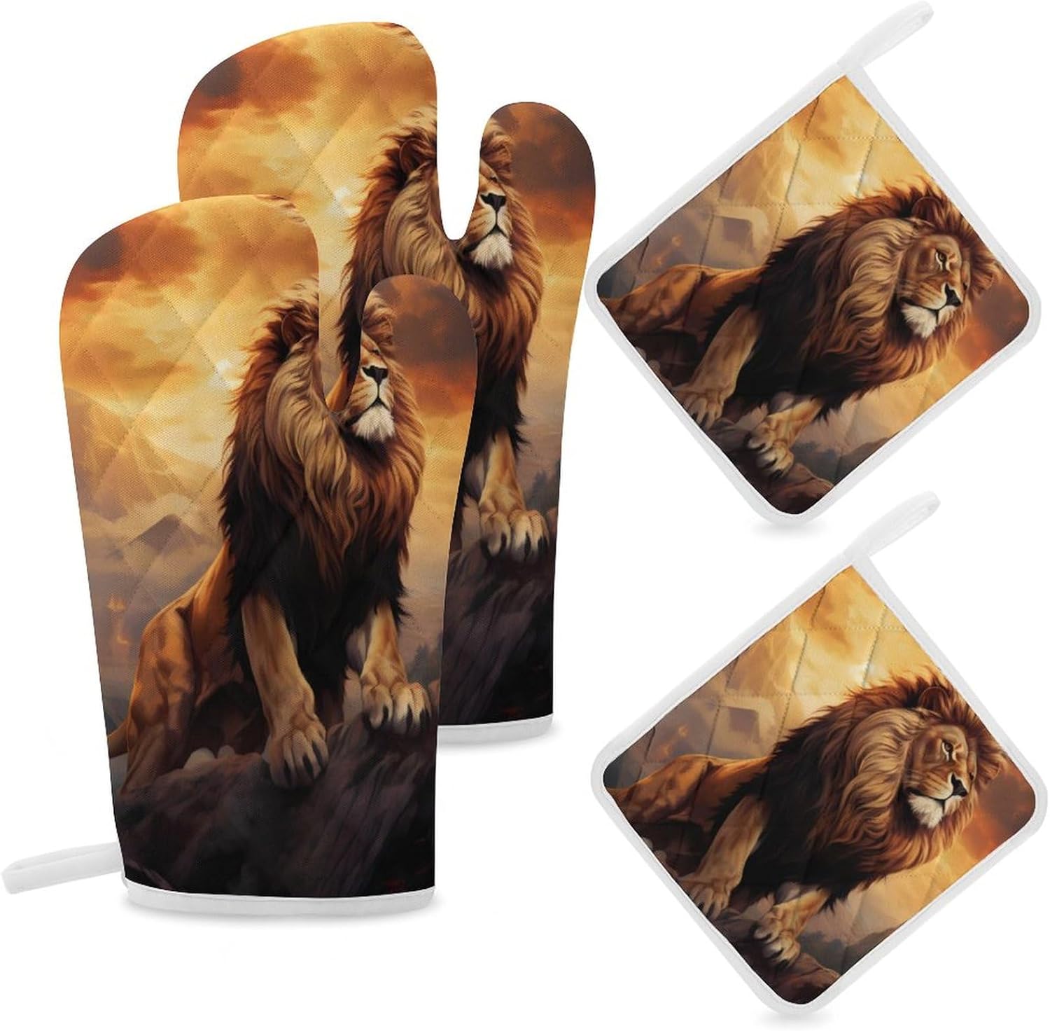 Kings Lion 4 Pcs Oven Mitts and Pot Holders Set High Heat Resistant Long Kitchen Oven Glove Potholders