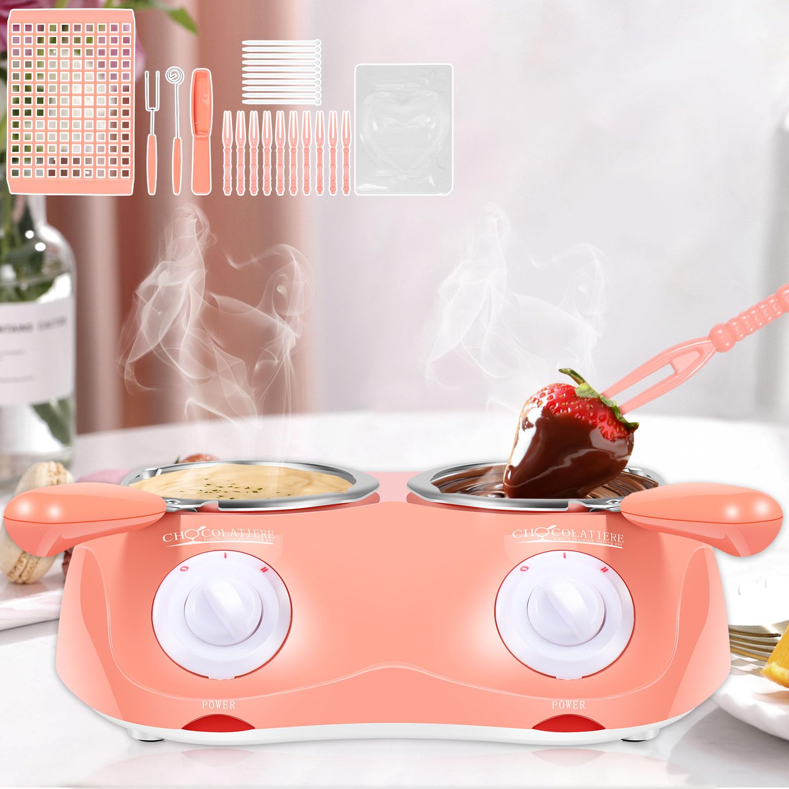 KHZSPP Chocolate Melting Pot Portable Mini Electric Chocolate Melter with Double Melting Pot Food Grade Melting Fondue Set Easy Use Chocolate Fondue Fountain Pot for Chocolate Cheese Candy Butter