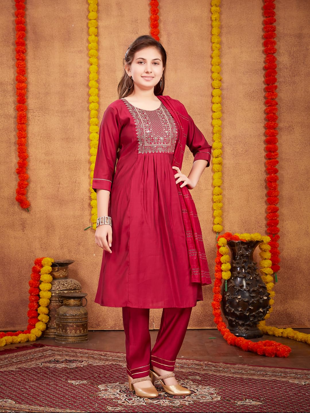 Aarika Girls Ethnic Wear Maroon Colour Sequin Thread Embroidery With Gota Work Silk Kurti Pant Set (8-16 Years)