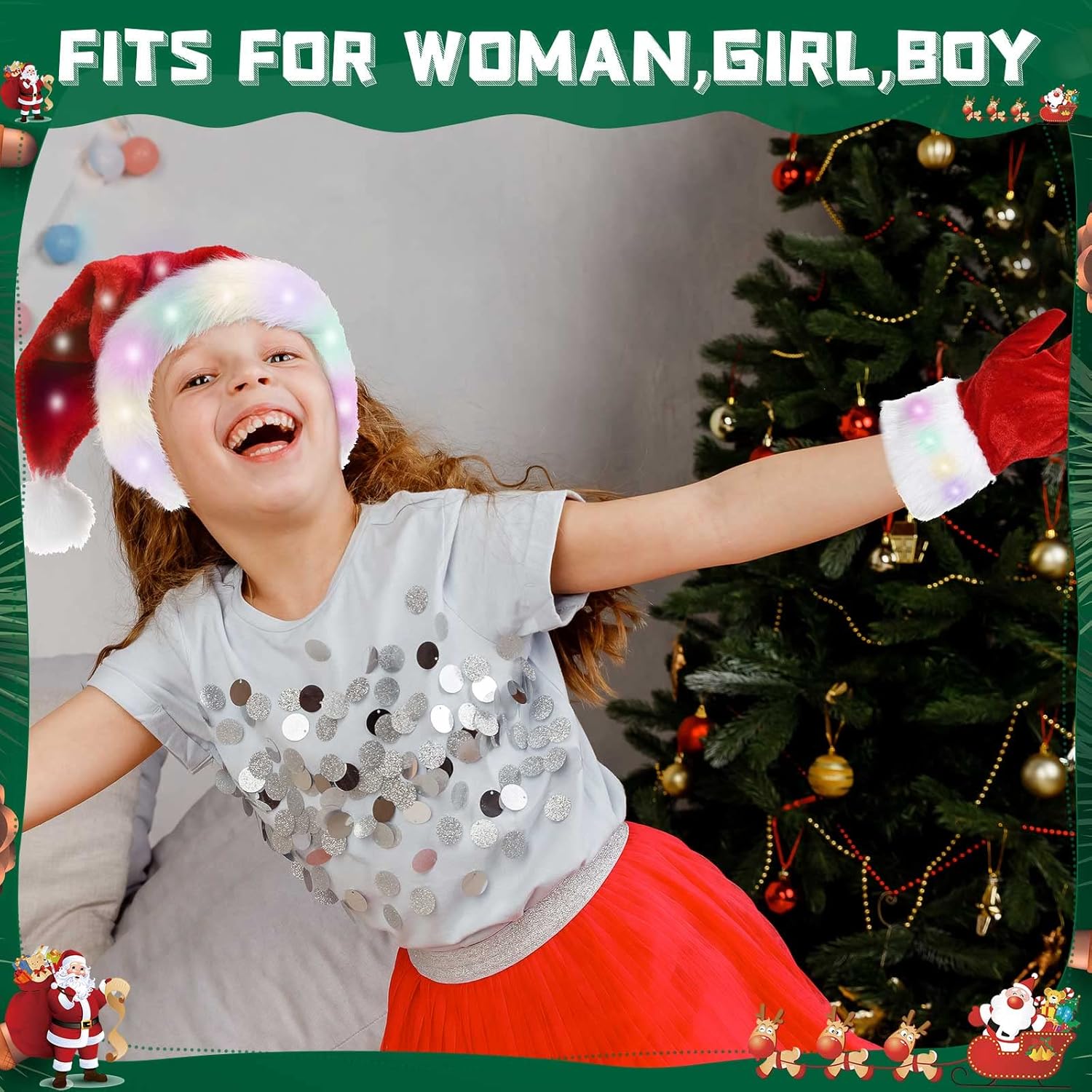 Miniatura 7 de 2 juegos de sombreros de Navidad con luces LED y guantes de terciopelo rojo, sombrero de Navidad con luz LED, sombrero de Santa Claus de Navidad,