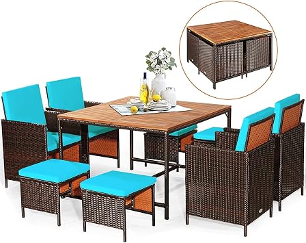 RELAX4LIFE 9-Piece Outdoor Dining Set - Patio Wicker Furniture Set w/Acacia Wood Tabletop, Soft Seat & Back Cushions, Dining Table & Chair Set for Backyard, Poolside Turquoise