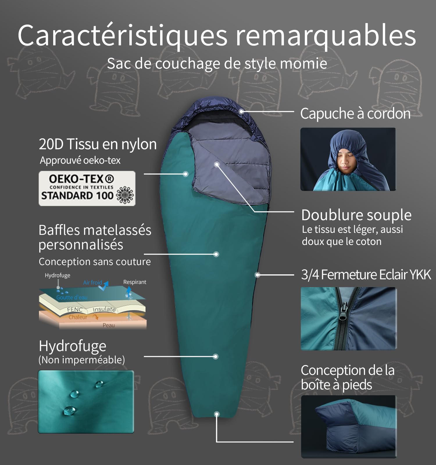 Litume 570g 9-20°C Sac de Couchage léger pour Adultes, Sac de Couchage de randonnée Lété, Sac Momie FENC Isolant Pliable Compact, Ultra-léger et Portable