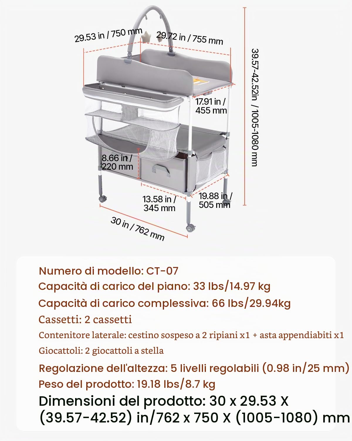 VEVOR Fasciatoio Pieghevole con 2 Cassetti in Tessuto, Cestino Laterale e Asta Appendiabiti, Fasciatoio Portatile Regolabile in Altezza con Ruote Bloccabili e 2 Giocattoli, Grigio Chiaro