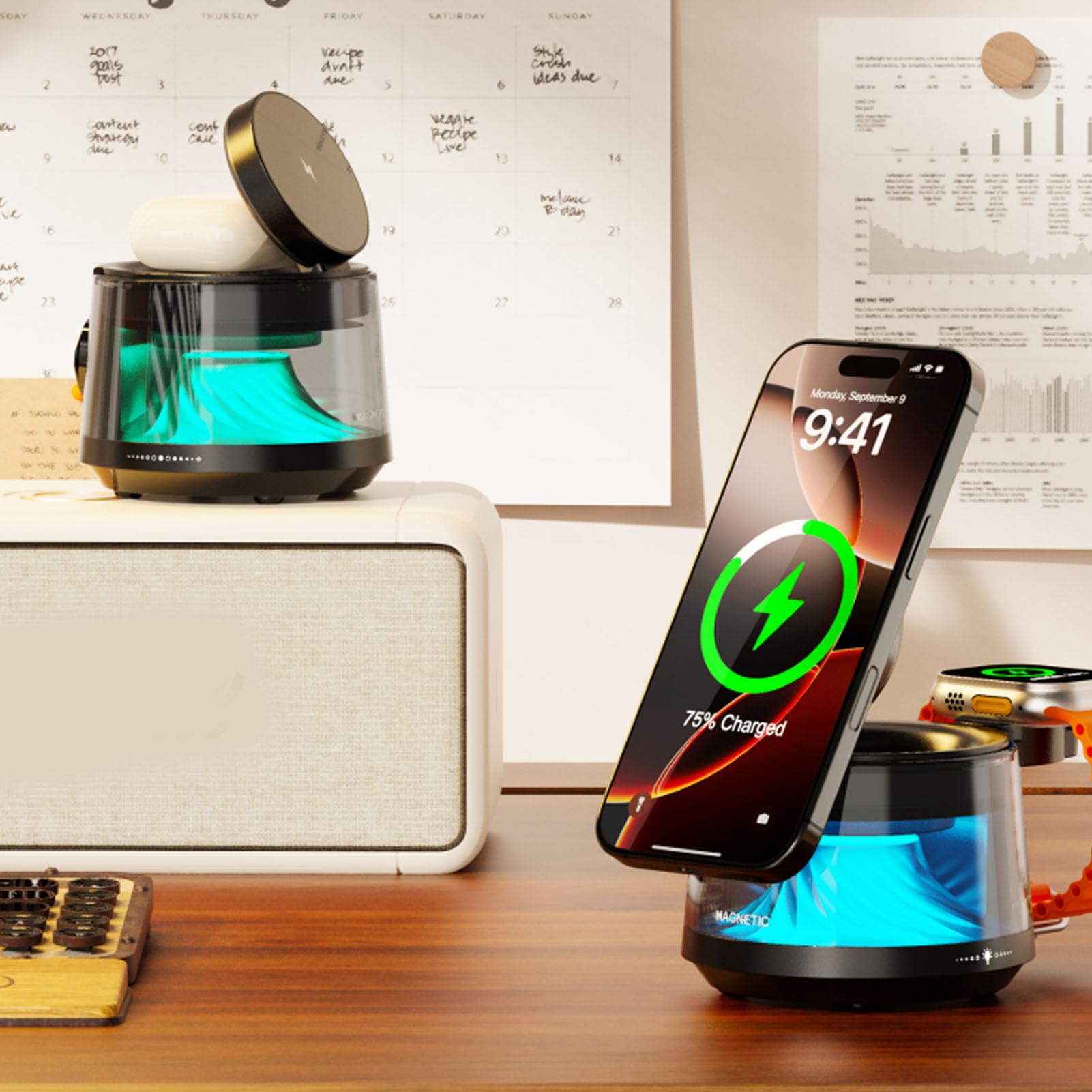 3 in 1 Charging Station for Smartphone, Watch | Design compatto, ricarica rapida, altoparlante Bluetooth, lampada notturna