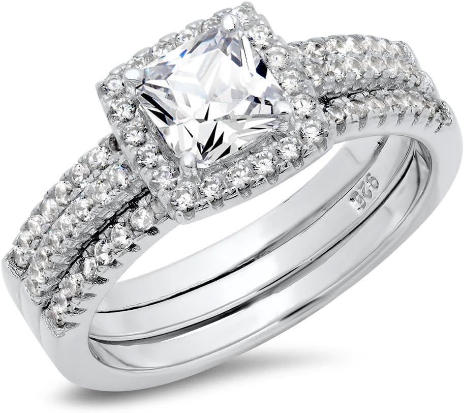 Metal Factory 925 Sterling Silver Cushion Cubic Zirconia CZ 2Pc Halo Wedding Engagement Ring Insert Set