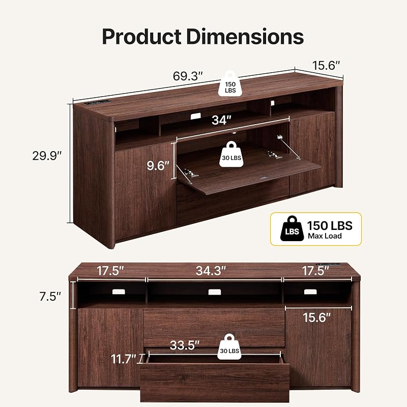 Amada 70" Mid Century TV Stand for TVs Up to 80", Thick TV Console, Walnut image 2