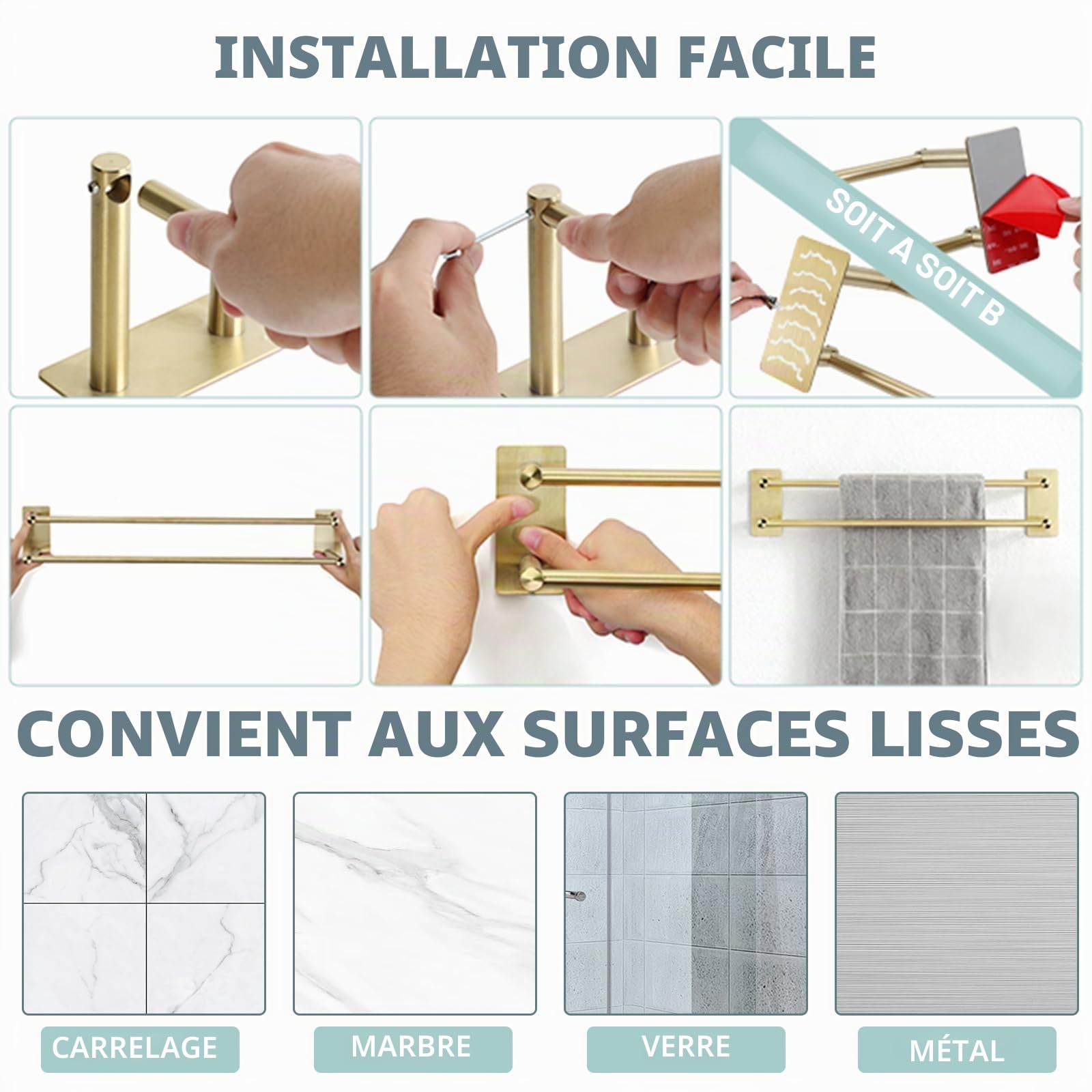 Porte-Serviette Double 60cm Autocollant sans Perçage, Acier Inoxydable, Doré‌