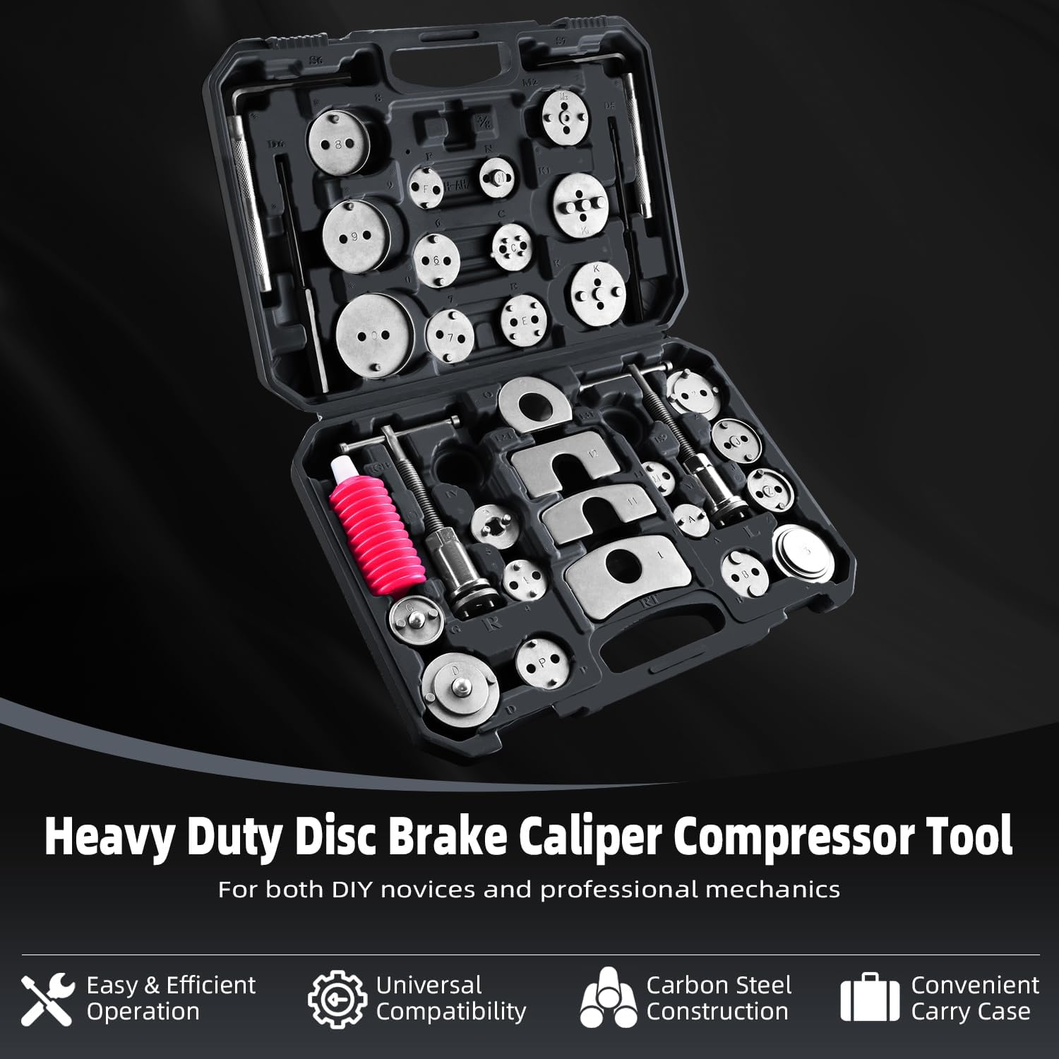8MILELAKE 35pcs Disc Brake Caliper Tool Kit, Heavy Duty Disc Brake Piston Caliper Compressor Rewind Tool for Brake Pad Replacement, Fits Most American, European, Japanese Autos (Black)