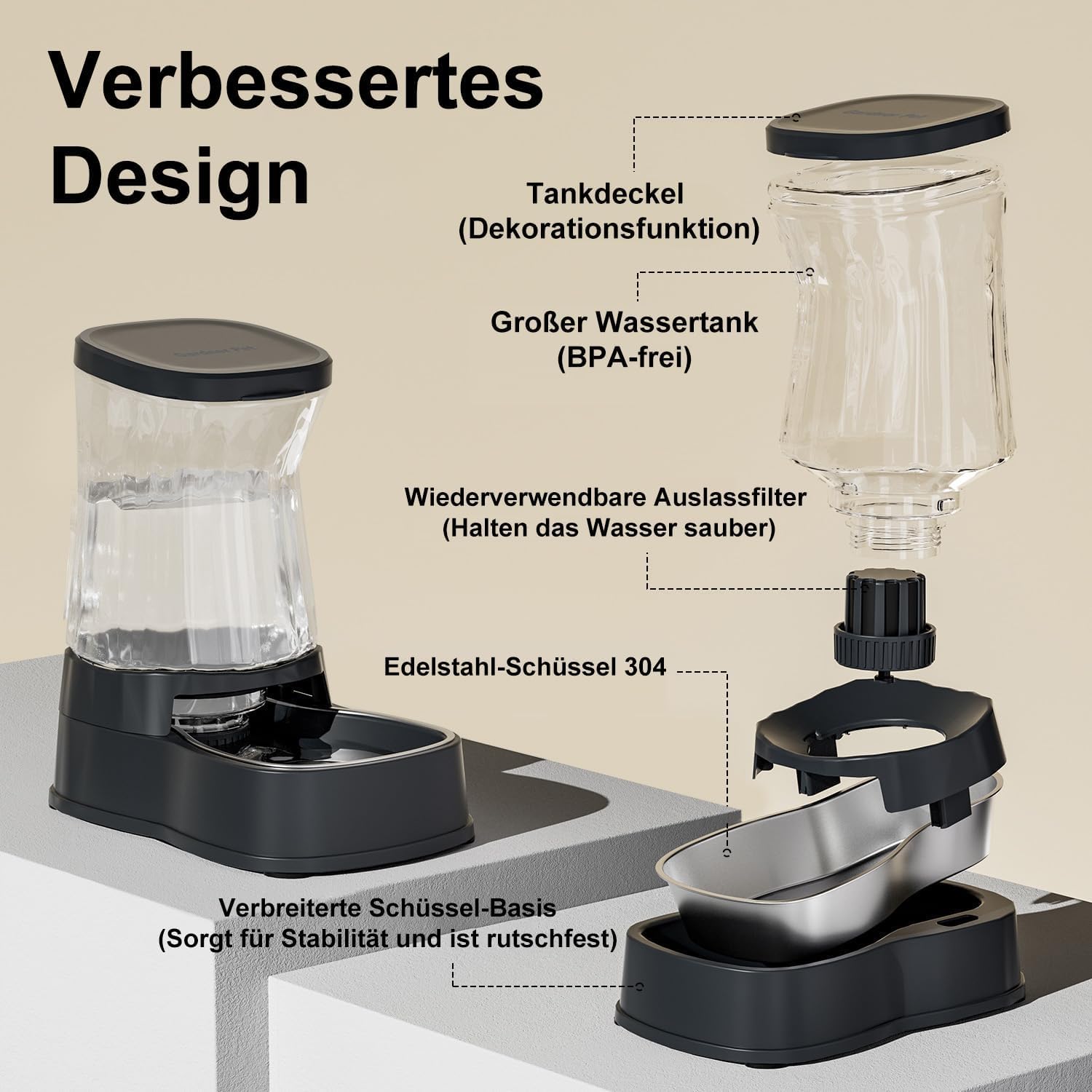 Gardner Pet 3.85L Gravitation Wasserspender Hund, Edelstahlnapf, Grau | Ohne Strom, BPA Frei, Gravitation Wasserspender, Für kleine/mittlere Haustiere