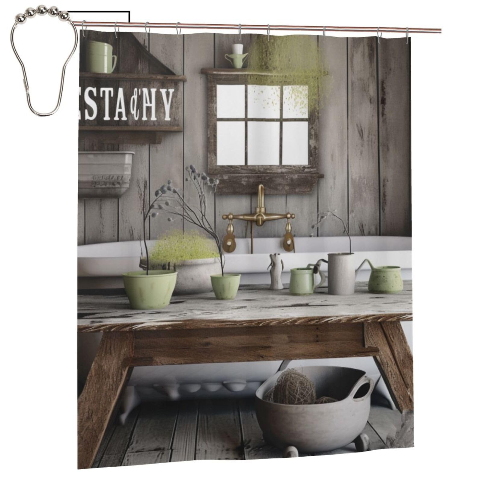 BWWHCCTI Farmhouse Rustic Printed Shower Curtain With 12 Iron Hooks Opaque Quick Drying Waterproof Shower Curtains Sets For Bathroom 152x183 Cm