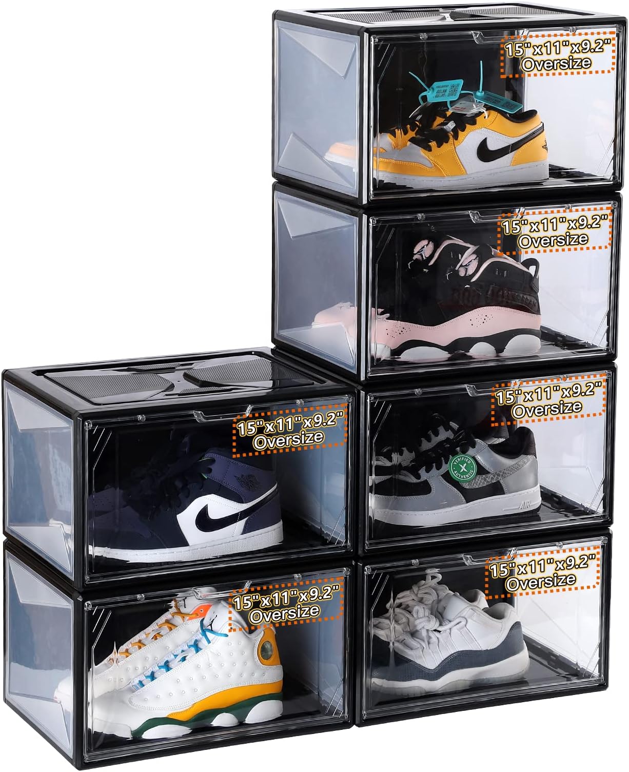 Shoe Storage Boxes Organizers 6 Pack Sneaker Display Shoe Containers Clear Plastic Stackable with Lids Magnetic Side Opening Door 15 Inches Long Large Size for Collection Display (6 Pack, Black)