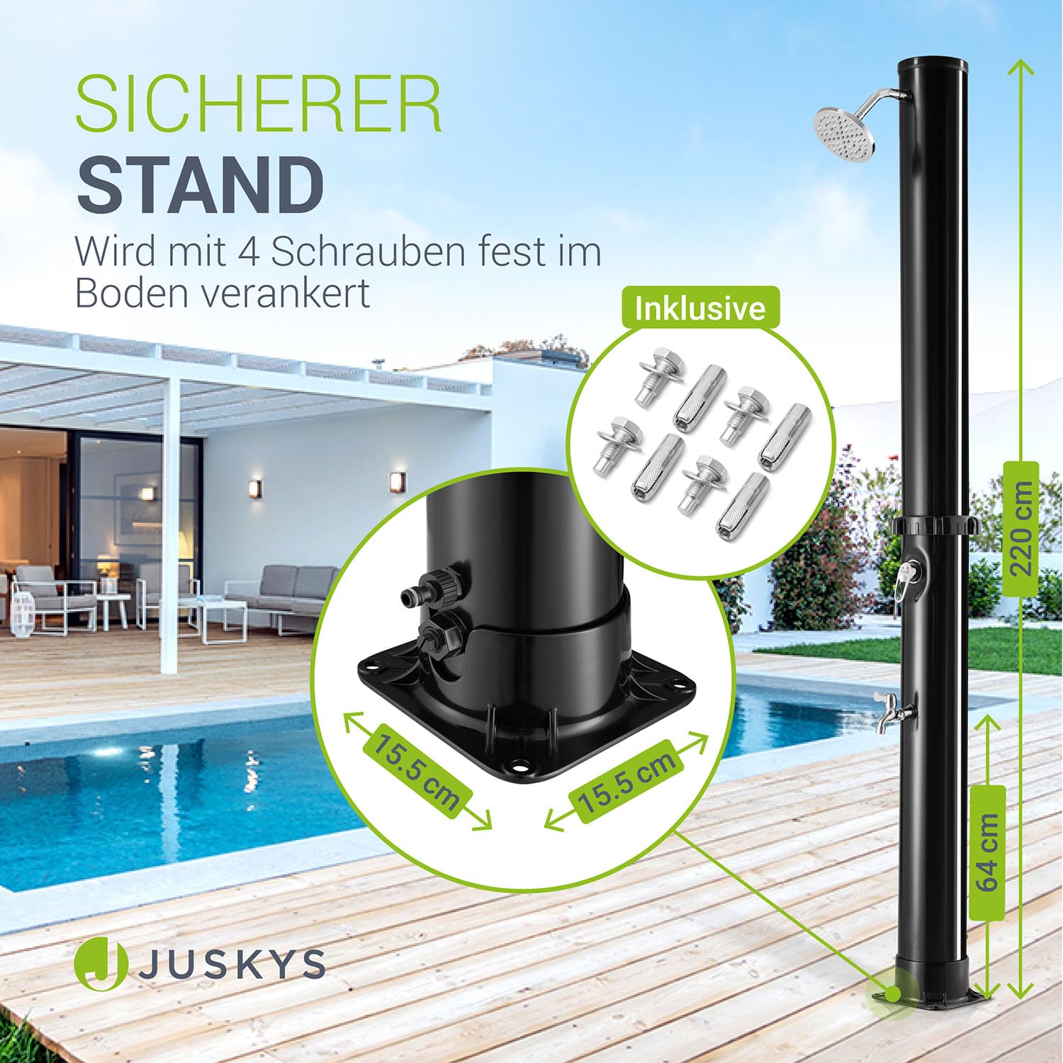 Juskys Solardusche Victoria 20/35 / 40/60 Liter - bis 60°C – mit schwenkbarem Duschkopf, Fußdusche & Gartenschlauch Anschluss Gartendusche Außendusche