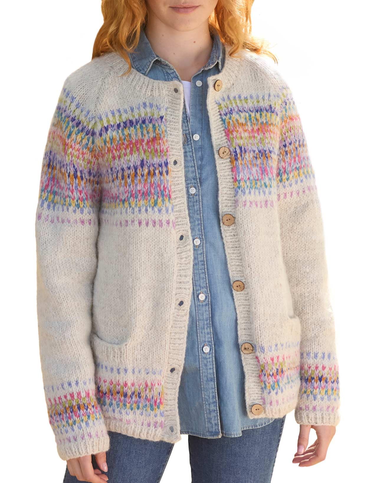 Pachamama Women Wool and Mohair Cardigan Handknitted Random Pastel Stripe Multicoloured Handmade Warm Pockets Buttoned Fair Trade (UK, Alpha, M, Regular, Regular, Oatmeal)