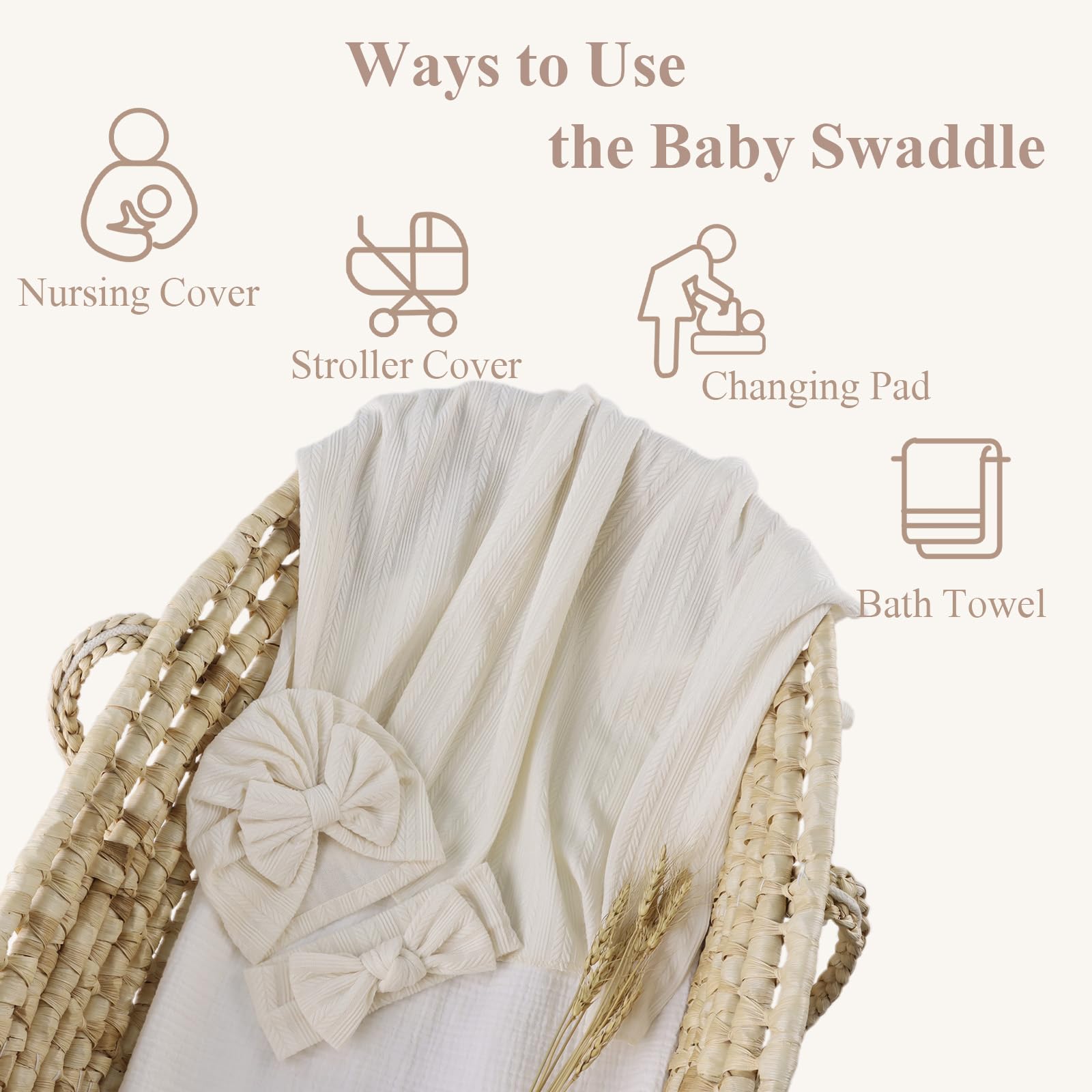 MniJiza Newborn Swaddle Blanket Baby Girls Receiving Blankets with Headband Beanie Hat Set Soft Nursery Swaddle Wrap (Beige) - Image 3