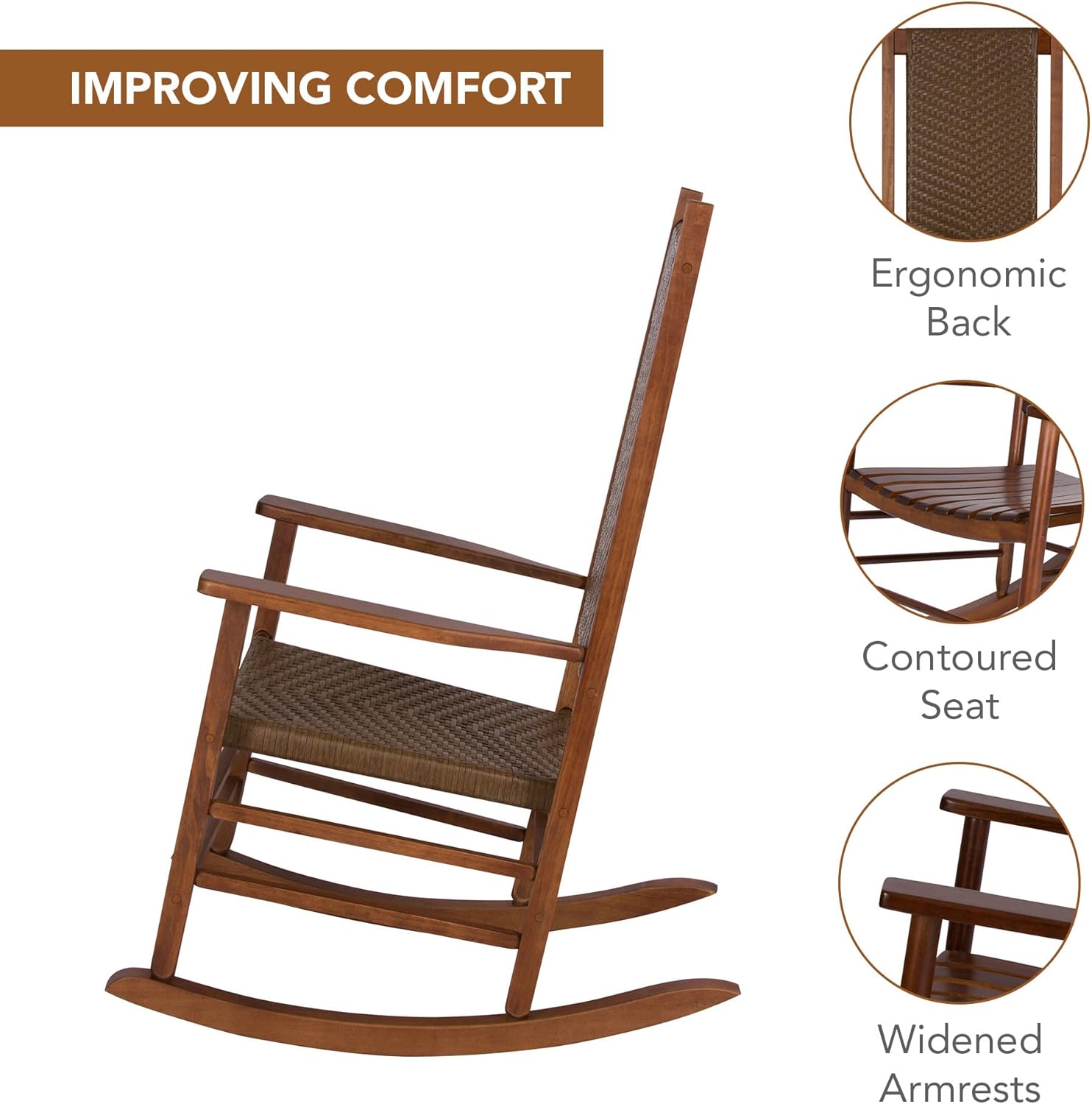 Shine Company Hampton Porch Rocker, High Back Wood Rocking Chair, Rattan Backrest & Seat, Oak