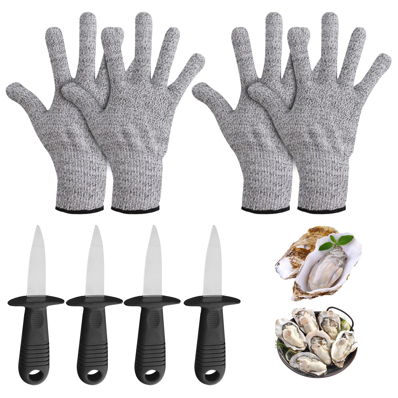 4 Stück Austernmesser: 4 Stück Handschuhe(M), Oyster Knife Set, Austernöffner Schnittfeste und Handschuhe, Edelstahl Rostfrei Austernmesser Breite Klinge für Schalentiere Oder Hartkäse