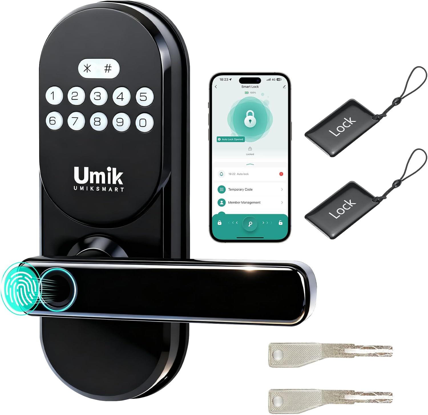 UMIK UMIKSMART Fingerprint Smart Door Lock with Handle, Keyless Entry Door Lock for Front Door, Auto-Lock, APP Control, Easy Install (Black)