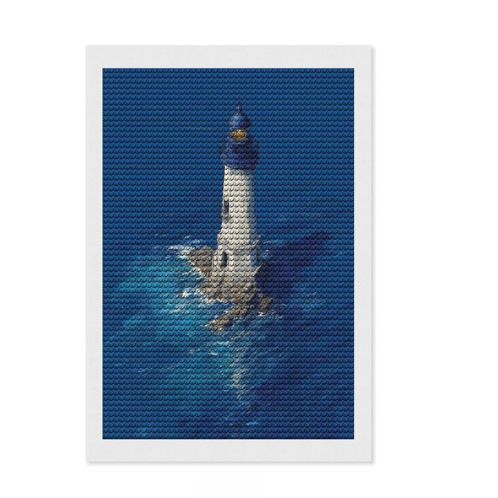 Junmoney Lighthouse in The Ocean Deep Blue Lighthouse at Sea Dramatic Coastal Art DIY Diamond Art Canvas Kit 8"x12", Mindful Craft Activity, Calming Craft to Unwind, Vintage Style Decor