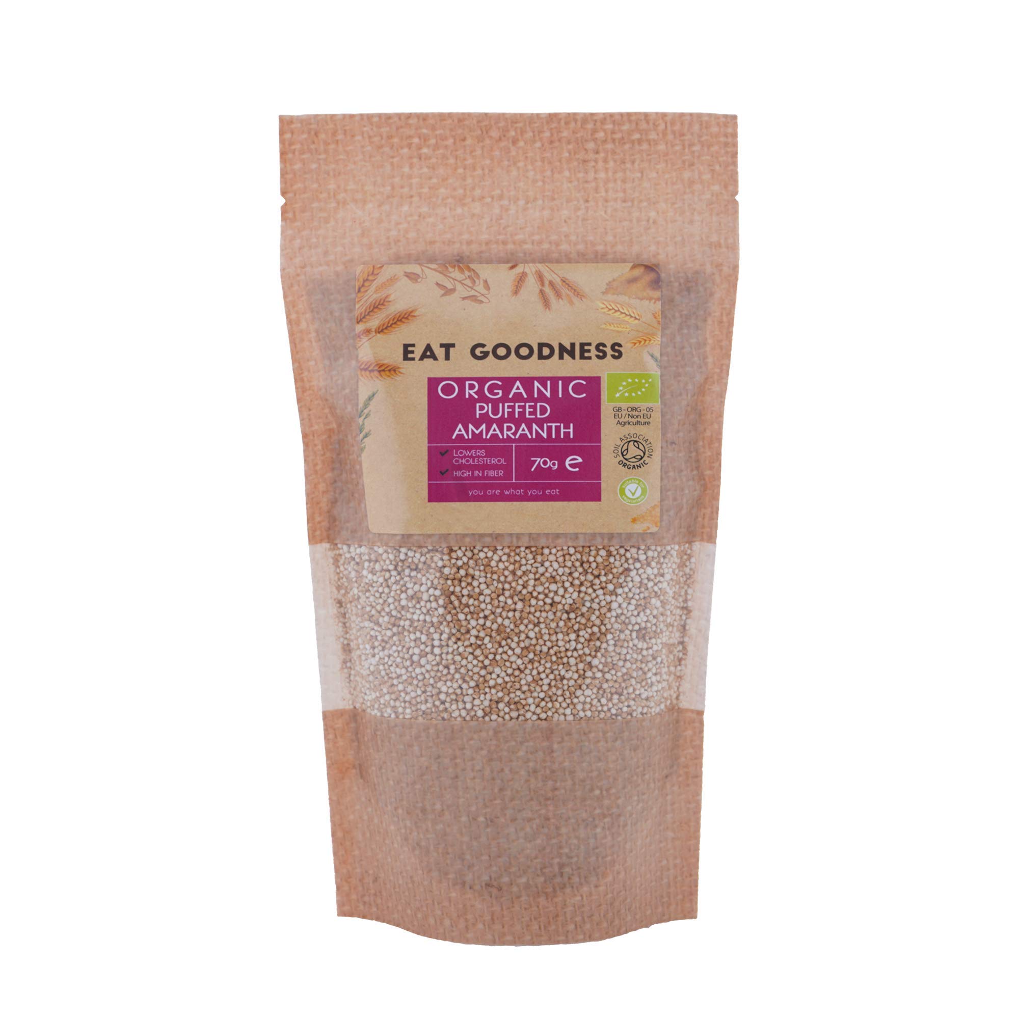 Organic Amaranth Puffed 70g | Premium Quality | Certified Organic | GMO Free | Vegan | by Eat Goodness, 30 Years British Organic Experience