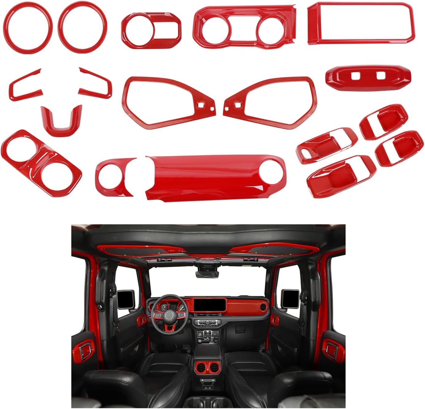 21PCS Full Set Interior Trim Kit for 2024-2026+ Jeep Wrangler JL JLU & Jeep Gladiator JT, Dashboard Side Outlet Door Handle Bowl Headlight Switch Roof Reading Light Cover (Red)