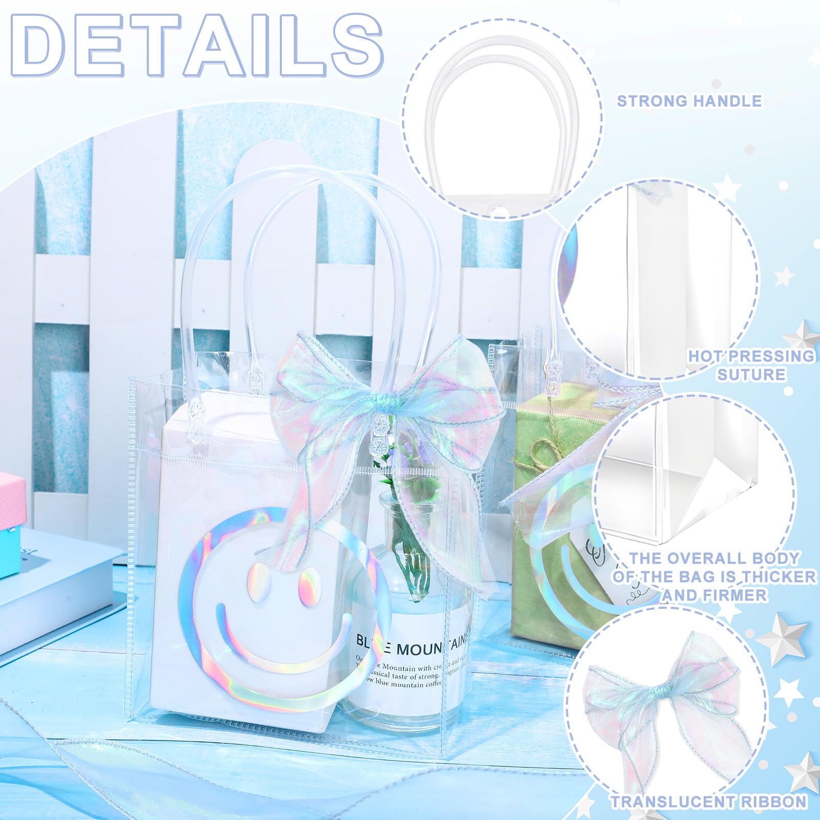 FYSUIMU 24 bolsas de regalo holográficas de PVC transparente con asa para regalo de fiesta con cara feliz con cinta para bodas, cumpleaños, baby shower