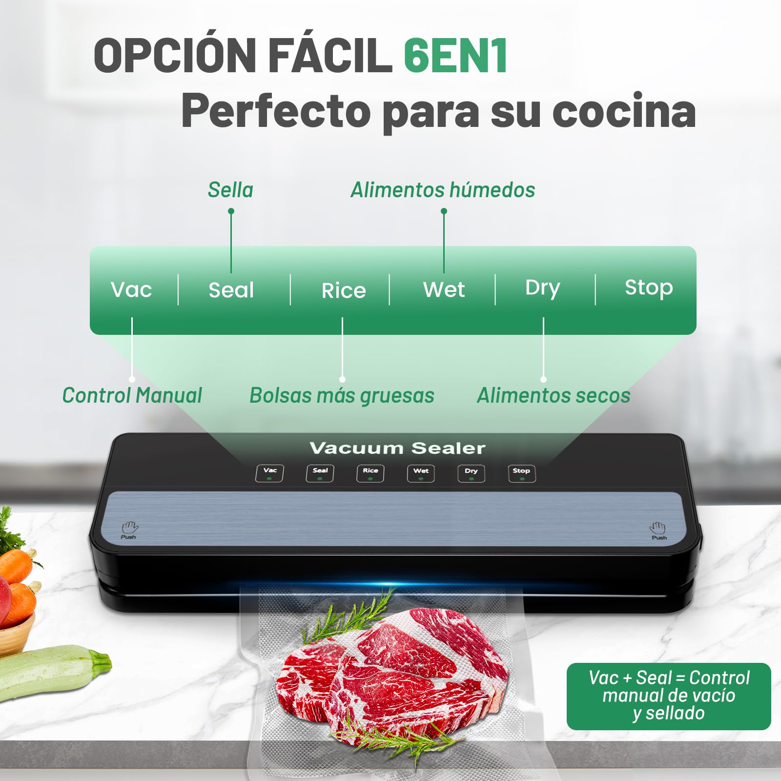 Raycial Envasadora al VacíO 5 en 1 Con Bolsas de Envasado al VacíO, Sellador al Vacio de Alimentos Secos Y HúMedos, Maquina al Vacio de Alimentos para Alimentos, Compacta, Totalmente AutomáTica