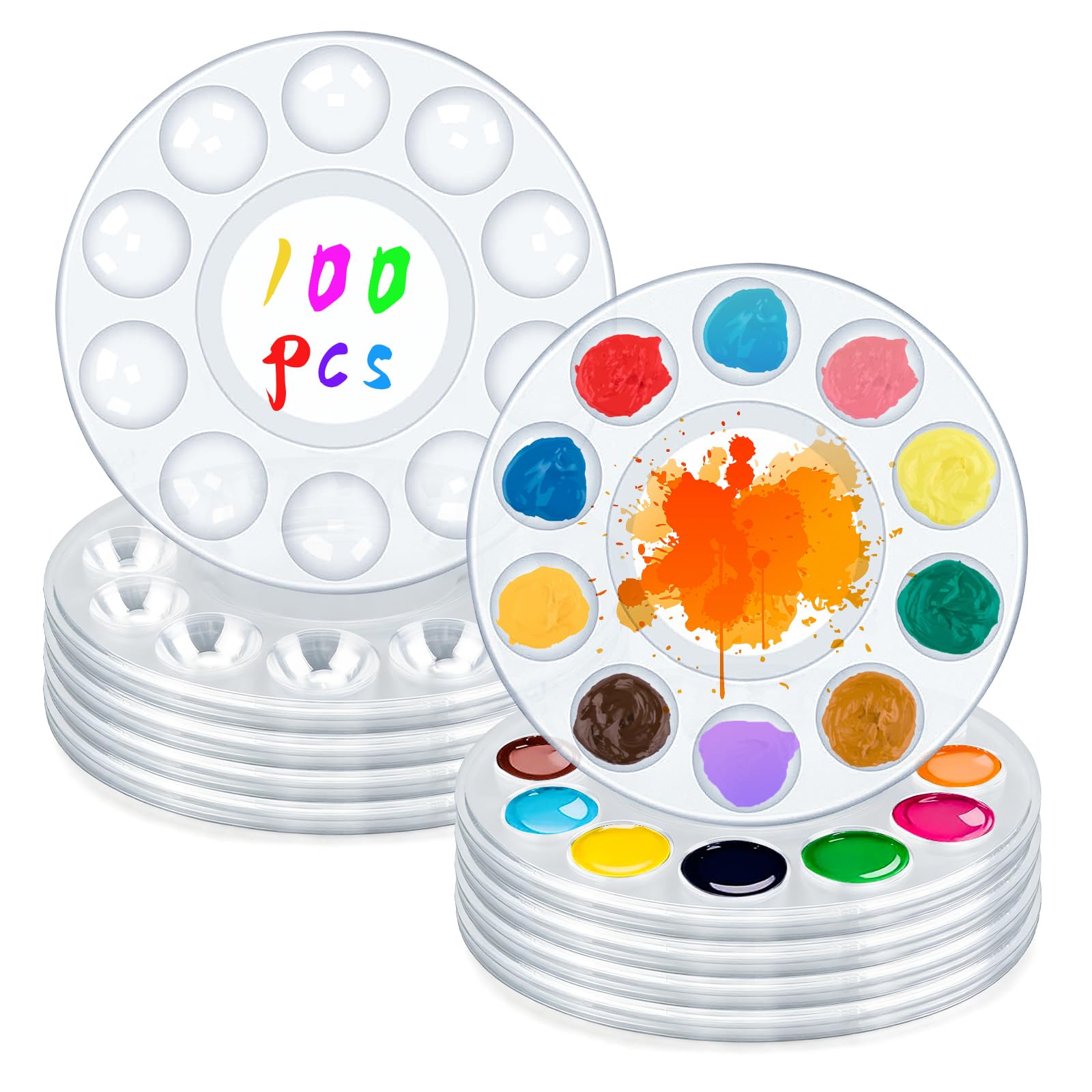 100PCS Clear Disposable 5.9in Round Paint Palettes, Bulk Plastic Paint Trays, Watercolor Craft Supplies for Plaster Painting, DIY Crafts, Outdoor Creation and Painting Party