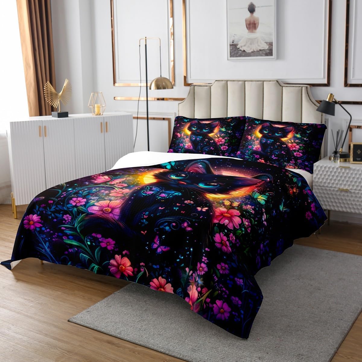jejeloiu Girls Black Cat Coverlet Set Queen Size Cute Kitten Bedspread for Cats Lover Bedroom Decor Quilted Coverlet Kids Adults Soft Microfiber Quilt Set All Season