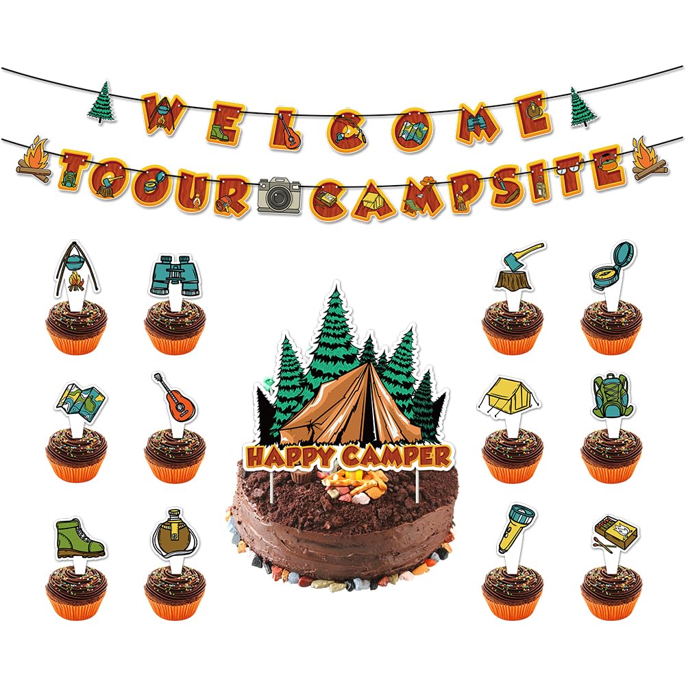 Camping Party Decoration Set Welcome To Our Campsite Banner Bunting Happy Camper Cake Cupcake Topper Camper Tent Garland for Yard Camp Out Camping Birthday Wilderness Adventure Party Decor