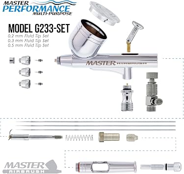 Master Airbrush G233 Performance Pro Airbrush Kit with 3 Nozzle Sets, Hose