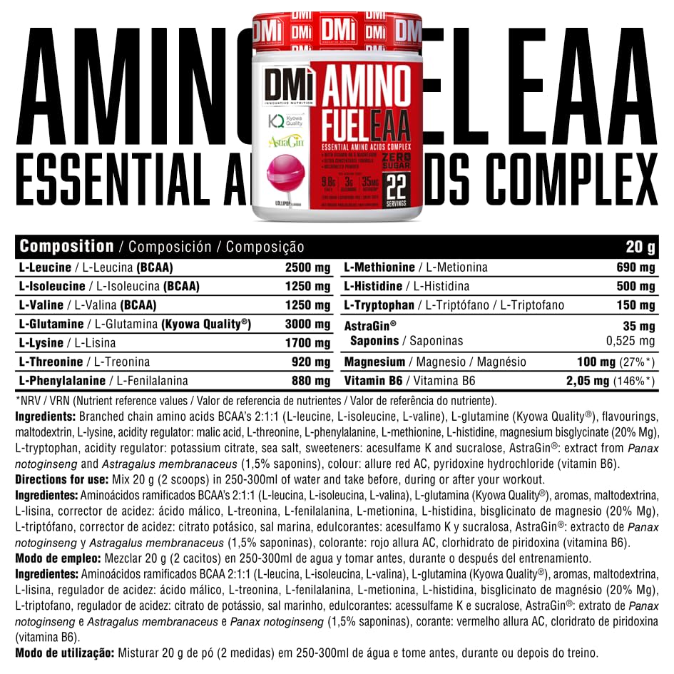 DMI INNOVATIVE NUTRITION Amino Fuel EAA 440 g Sabor Piruleta – Complejo de Aminoácidos Esenciales con Glutamina Kyowa Quality®, Magnesio y Vitamina B6 – Recuperación y Masa Muscular – sin Azúcar