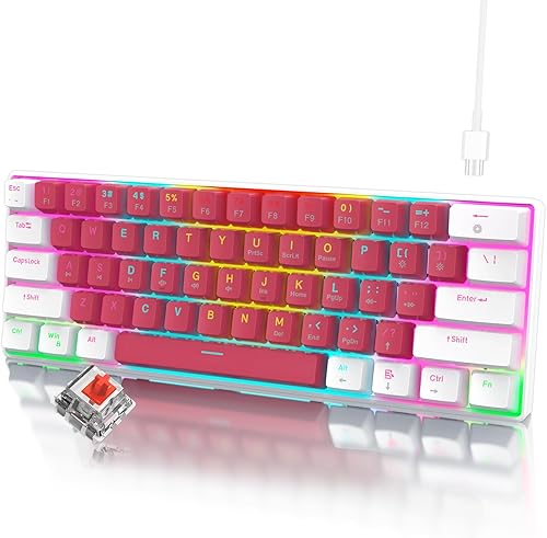 Teclado portátil 60% mecánico para juegos, compacto de 61 teclas Mini USB-C Teclado de computadora Interruptor rojo para PC con Windows Laptop -