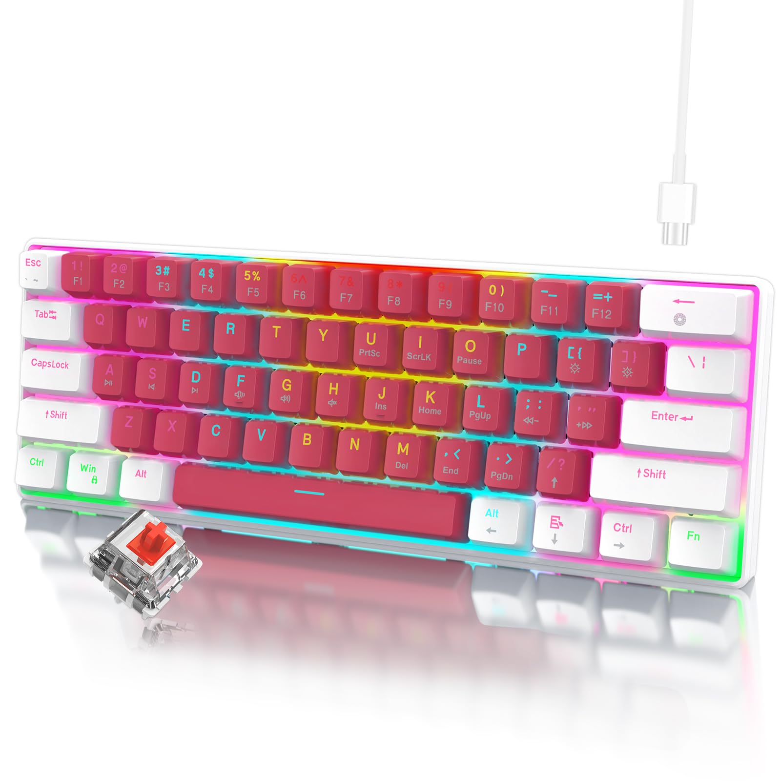 Portable 60 Mechanical Gaming Keyboard Compact 61 Keys Mini USB-C Computer Keyboard Red Switch for Windows PC Laptop