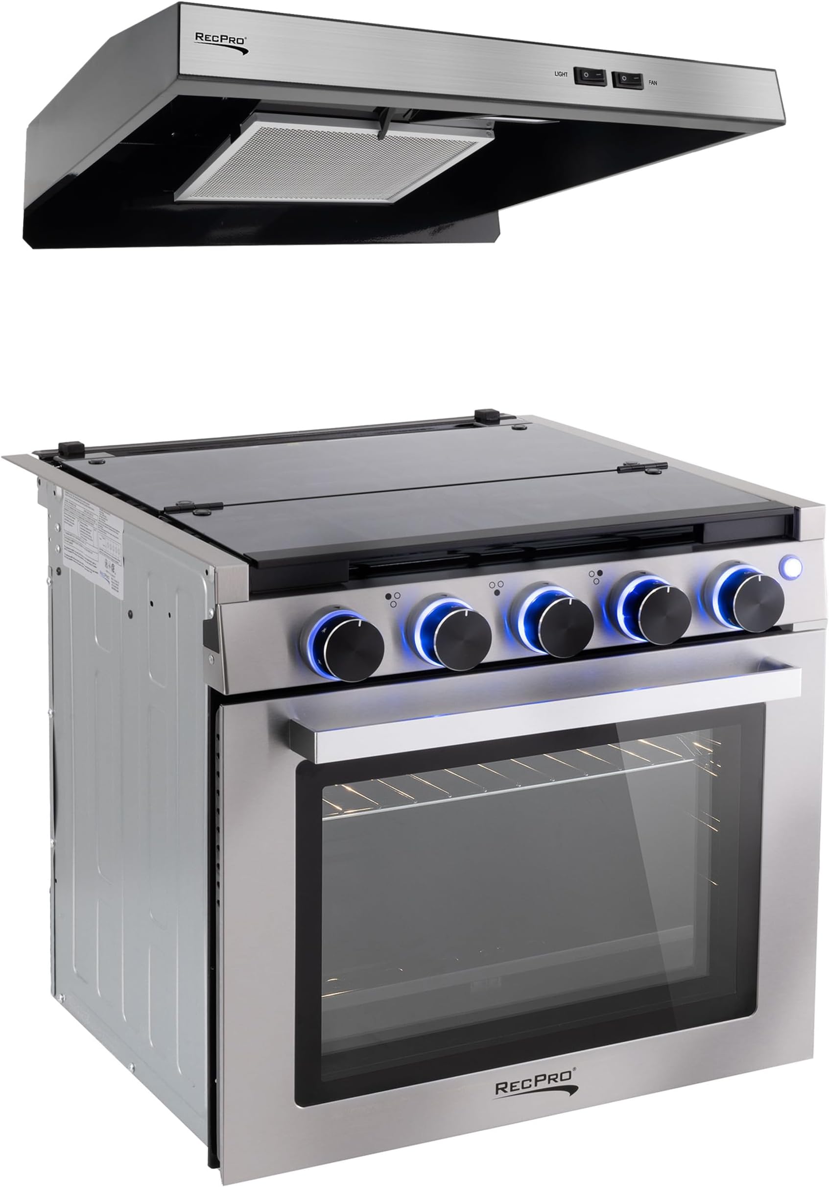 - RecPro RV Stove | Gas Range 21" Tall | 3 Burner | 1.8 Cu. Ft | 7100 BTU | Optional Vented Range Hood | Black or Silver Color Options (Silver, with Vented Range Hood)