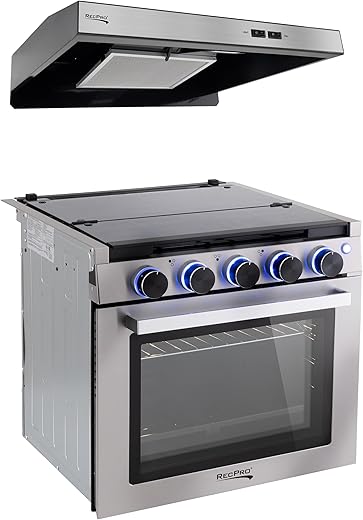 RecPro RV Stove | Gas Range 21" Tall | 3 Burner | 1.8 Cu. Ft | 7100 BTU | Optional Vented Range Hood | Black or Silver Color Options (Silver, with Vented Range Hood)