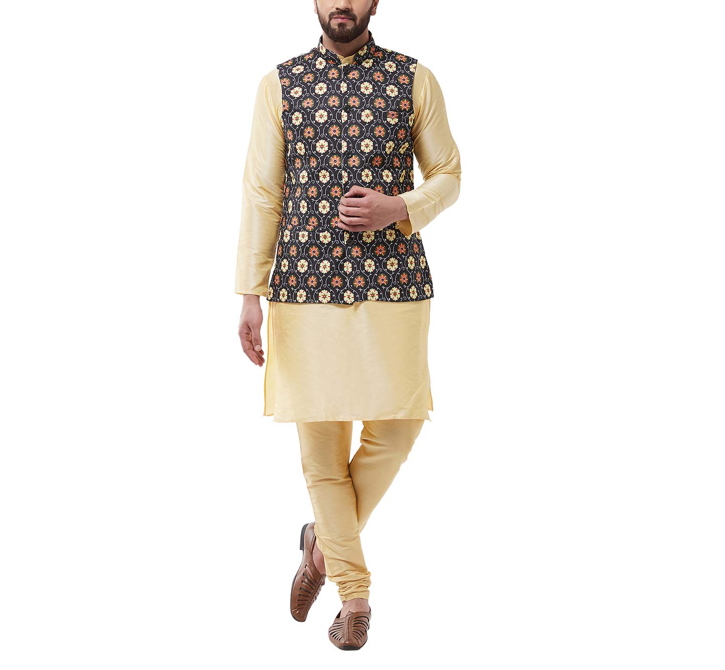 sojanya (Since 1958 Men's Silk Blend Gold Kurta Pyjama & Printed Nehrujacket Combo-picture-53