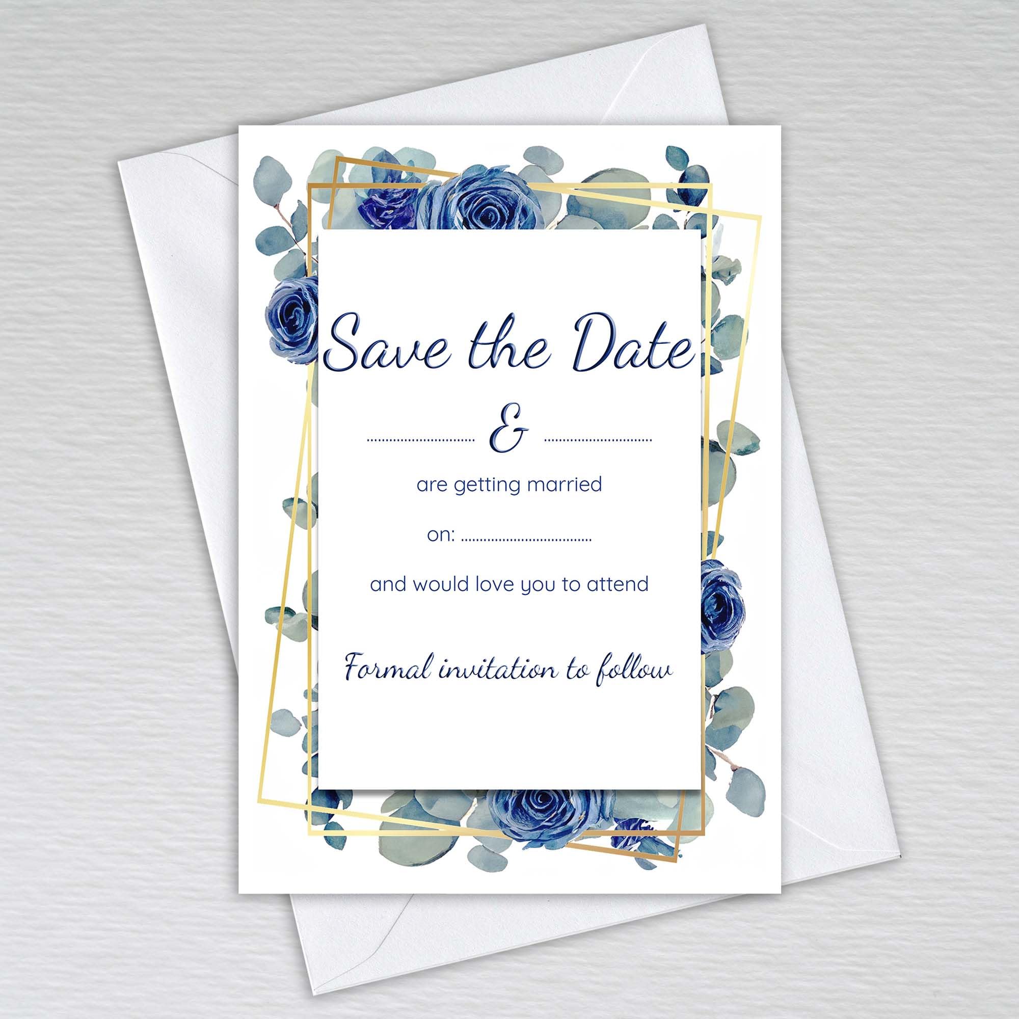 Webspectations Pack of Save the Day Cards with Envelopes: Navy Rose with Dusty Blue Eucalyptus Save the Day Invites (Pack of 50 with Envelopes)