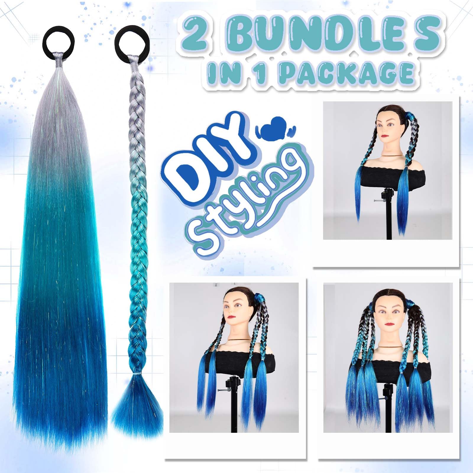 Rainbow Ponytail Extensions with Hair Tie 2 Packs 50g/Pack Coloured Hair Extensions for Braiding 26 inch Colourful Ombre Mermaid Pony Tail Synthetic Hair Extensions for Girl Women #S37 - Image 2