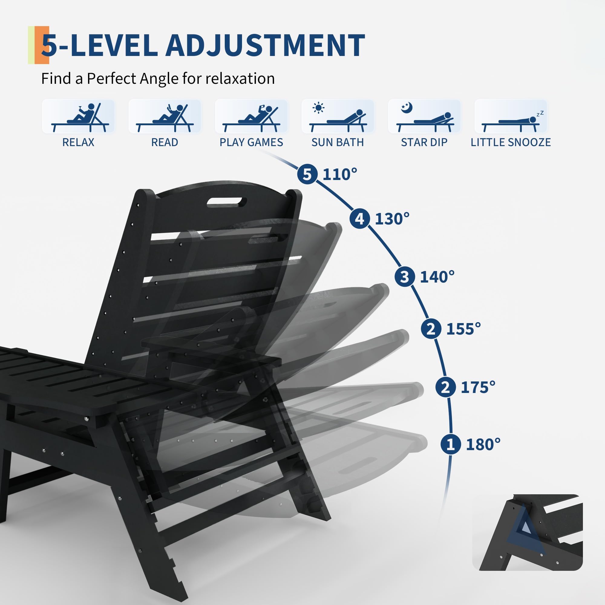Garvee Chaise Longue Plegable Extragrande, Reclinable De HDPE Ajustable En 5 Posiciones, con Portavasos Integrado, Resistente Tumbona para Patio, Piscina, Terraza, Jardín.