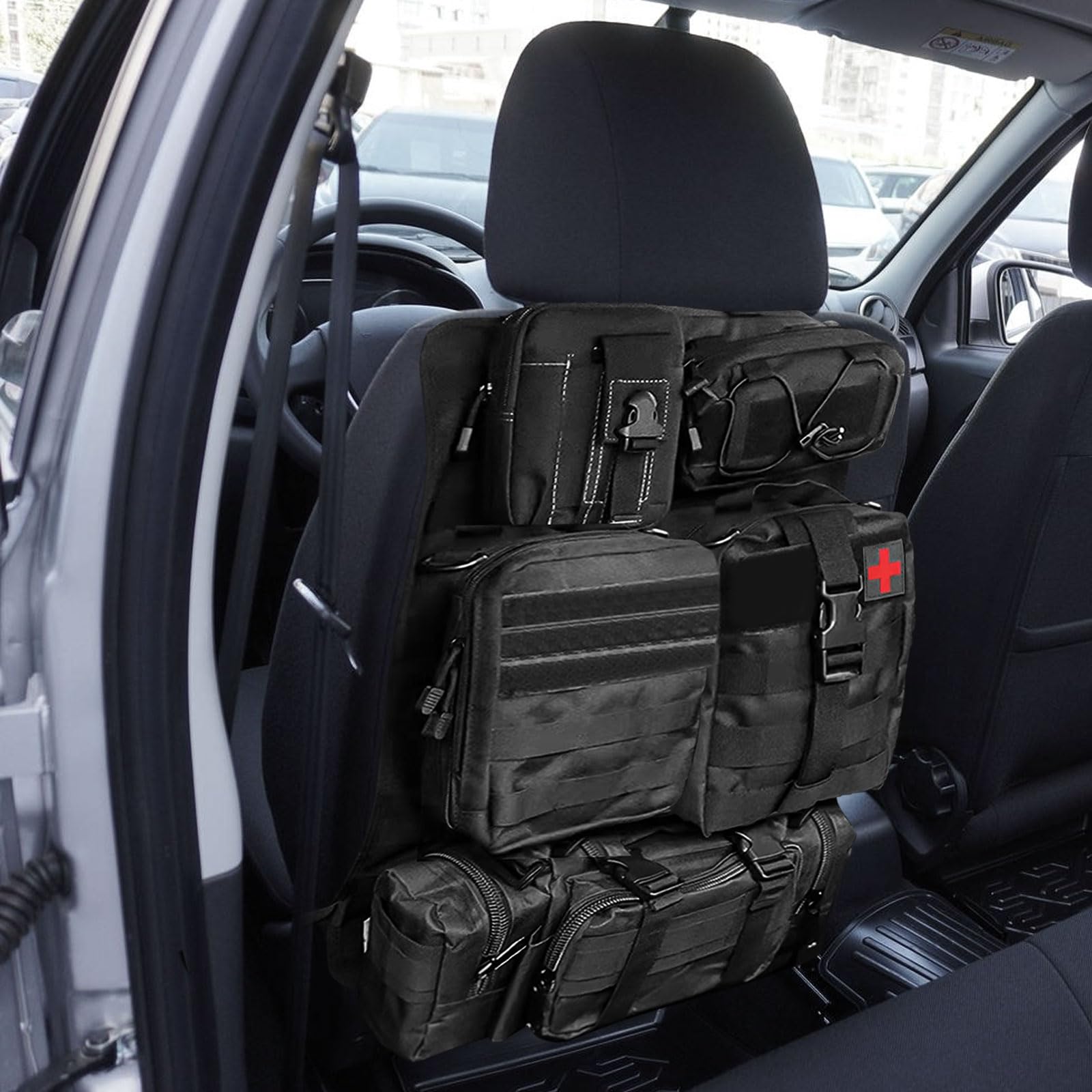 Taktischer Autositz-Organizer 600D Oxford wasserdicht mit 5 abnehmbaren Taschen Rückenlehnenschutz für Autos SUVs LKW