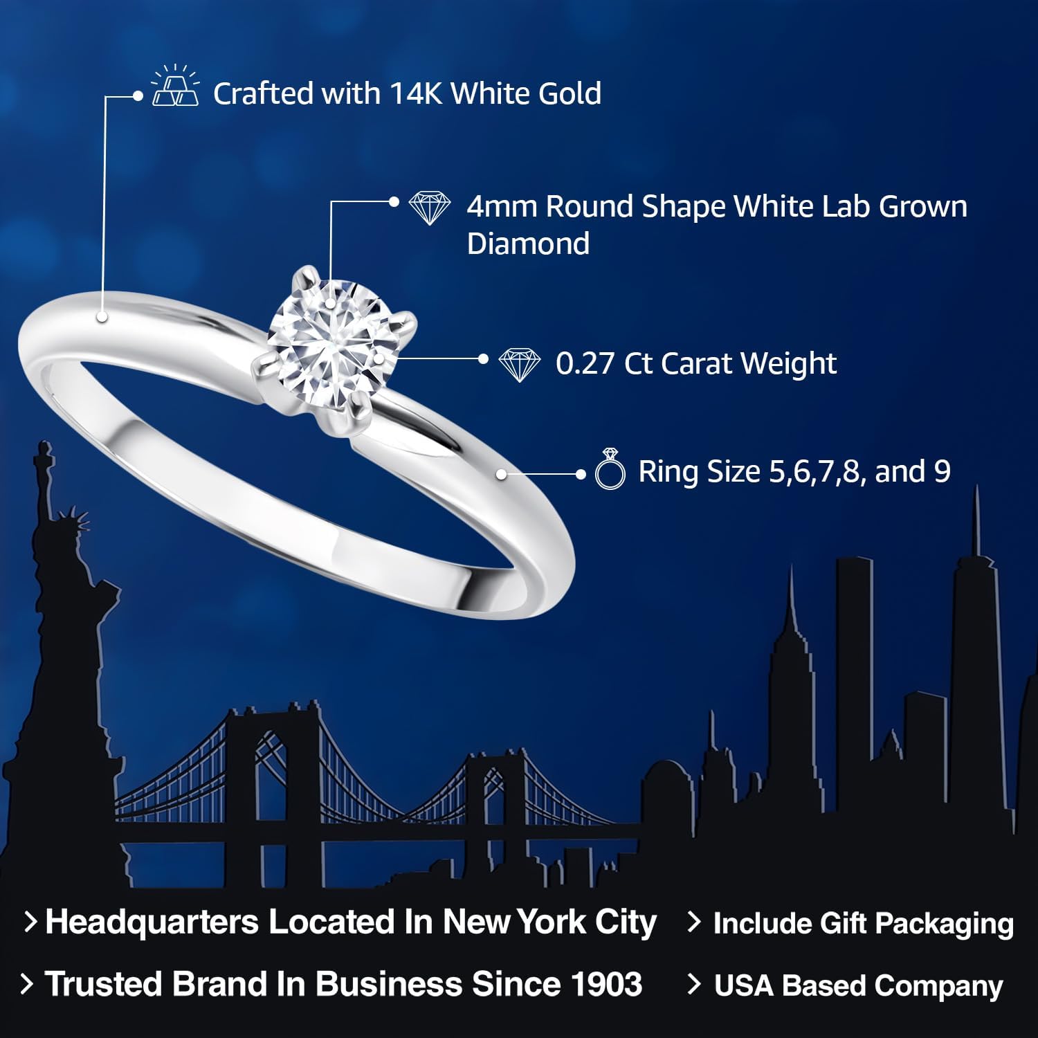 Gem Stone King 14K White Gold 4MM Round Gemstone Birthstone Solitaire Engagement Ring | Wedding Anniversary Promise Gold Ring For Women | Available In Size 5, 6, 7, 8, 9 - Image 2