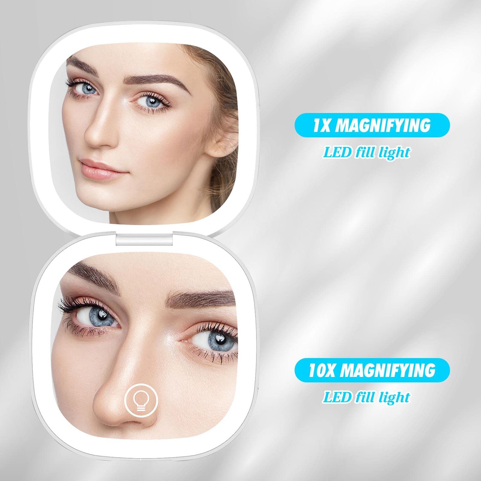 Aicharynic Specchio tascabile a LED con ingrandimento 1X/10X, specchio cosmetico specchio ingranditore con luce specchio viaggio con luce regolabile e luce LED a 2 lati pieghevole regalo per ragazze