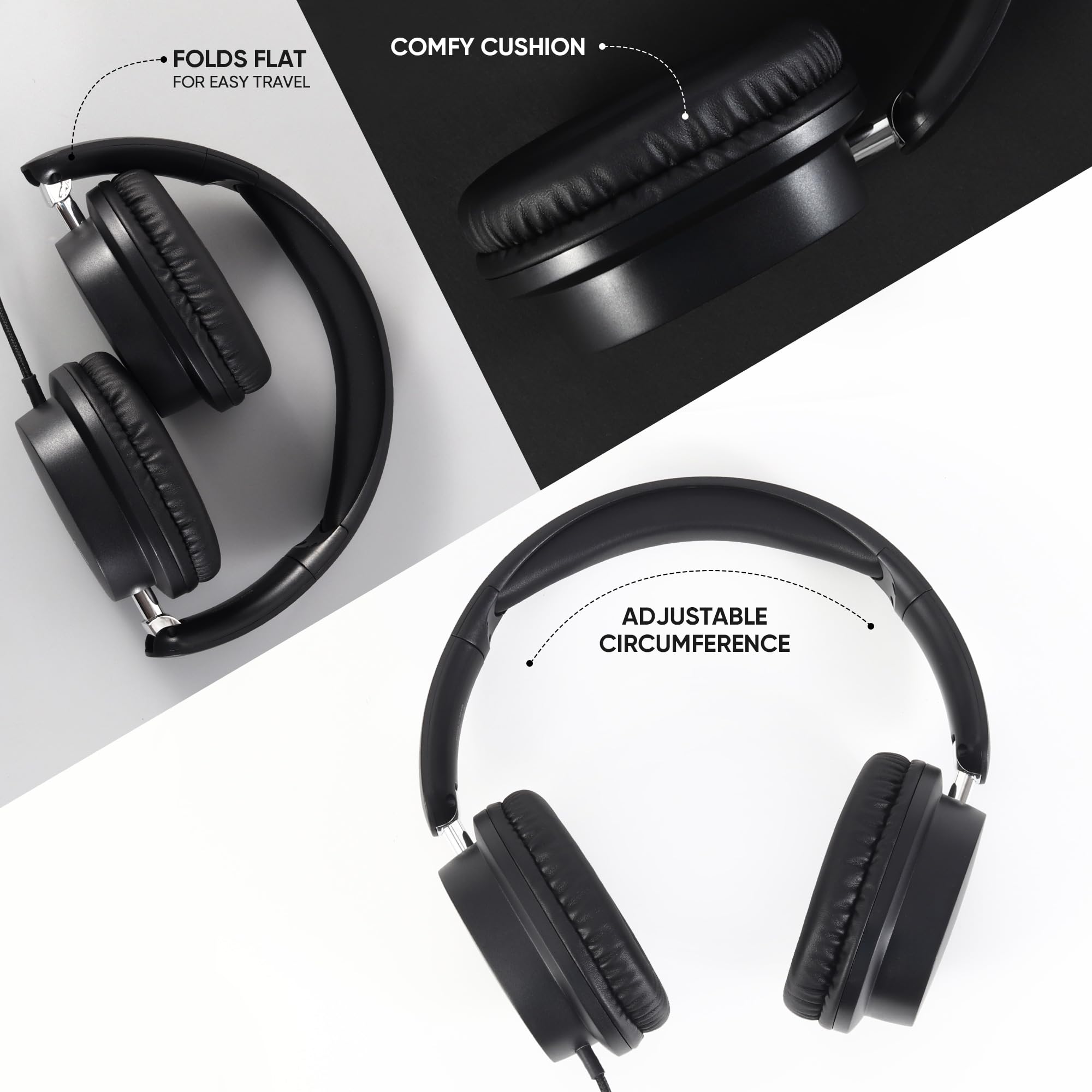 Cuffie per bambini per la scuola, set da 5 cuffie on-ear, 3,5 mm, con cavo, per scuole e biblioteche, cuffie regolabili e imbottite (nero)