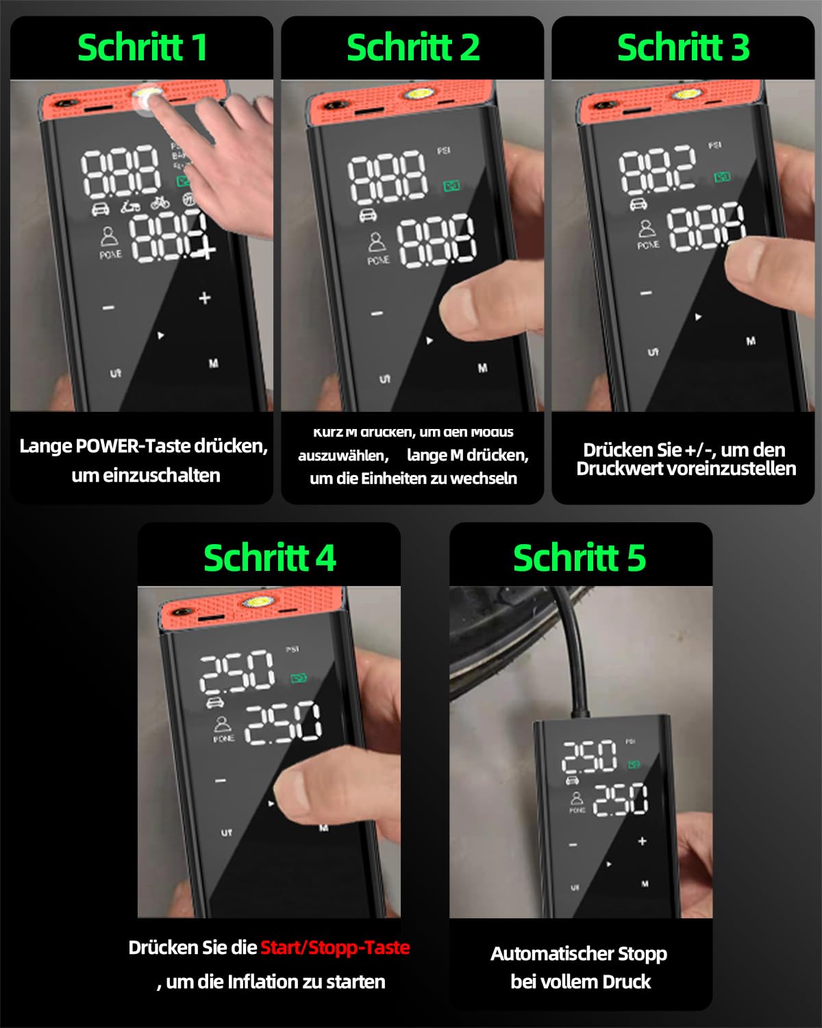 12000mAh Akku Luftpumpe Auto, 4X Schneller Mini Kompressor, 150PSI Fahrradpumpe Alle Ventile, Elektrische Luftpumpe Klein Mit Manometer/Lampe/Typ C, Für Motorrad/Fahrrad/Fußball