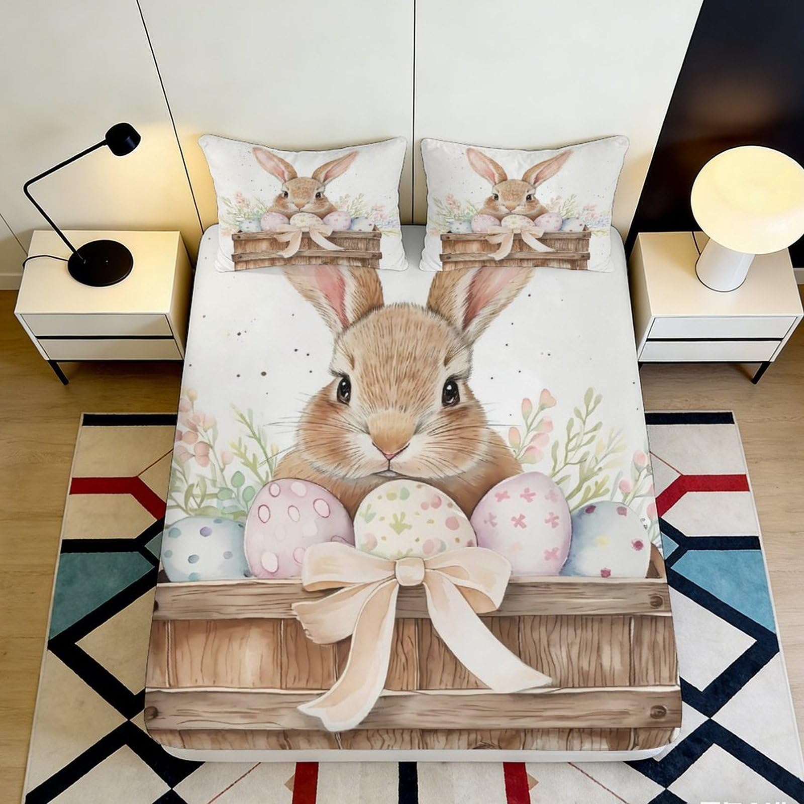 3D Printed Easter Bunny Fitted Sheet Microfiber Soft Pastel Egg Mattress Cover for Bedroom Guest Room Decor 90x200x25cm