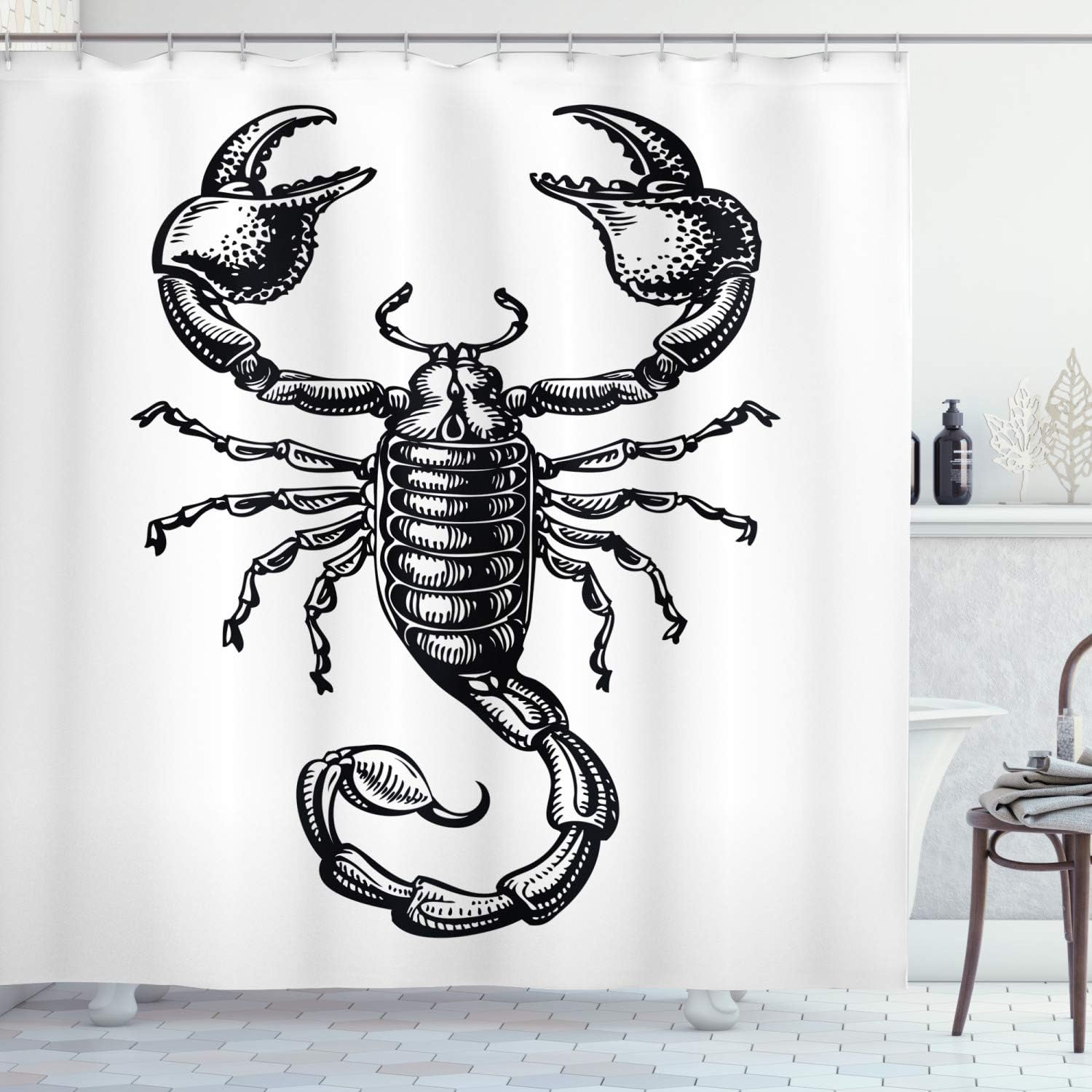 Ambesonne Zodiac Scorpio Shower Curtain, Monochrome Sign Sketch Art of a Scorpion Tattoo Animal Horoscopes Theme, Cloth Fabric Bathroom Decor Set with Hooks, 69" W x 84" L, Charcoal and White