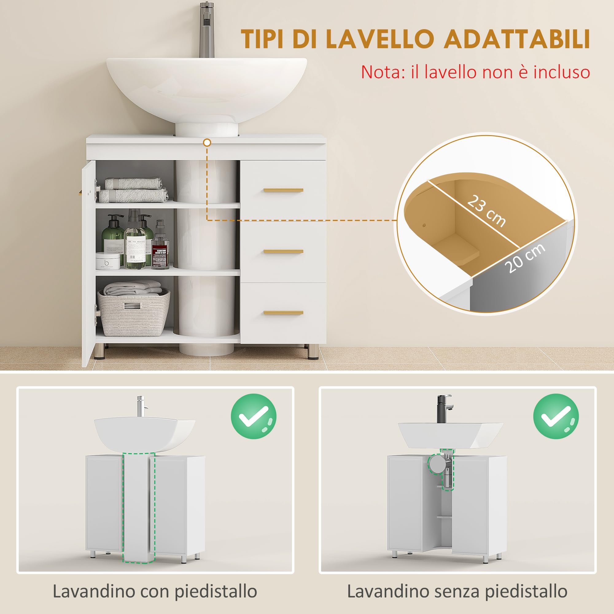 HOMCOM Mobile Sottolavabo per Bagno con 3 Cassetti, Armadietto a 3 Ripiani e Soft Close, Mobiletto Sottolavabo Salvaspazio con Intaglio a U, per Lavabi con e Senza Piedistallo, 70x30x65cm, Bianco