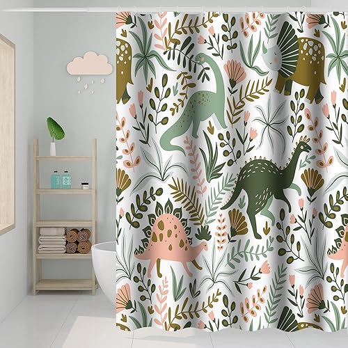 Miniatura 2 de Cortina de ducha con temática de dinosaurio, cortina de ducha de hojas tropicales de dinosaurio verde con ganchos, cortina de ducha de poliéster